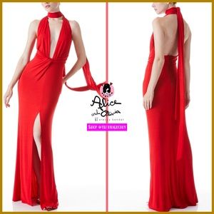 Alice + Olivia Resse V Neck Ruby Red Maxi Dress Gown